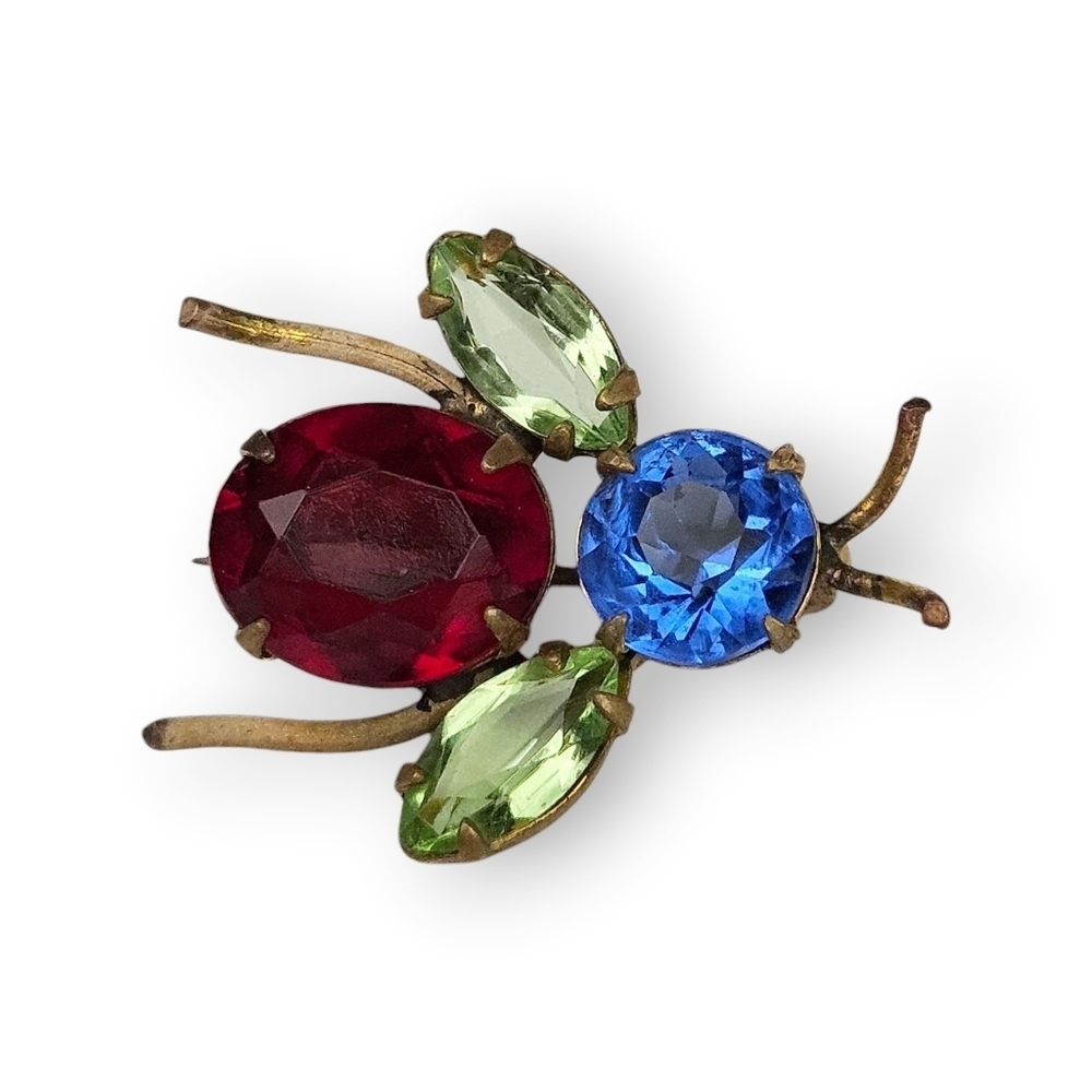 Vintage Bug Brooch Jewel Tone Glass Rhinestone Colorful Bee Fly Insect Brass